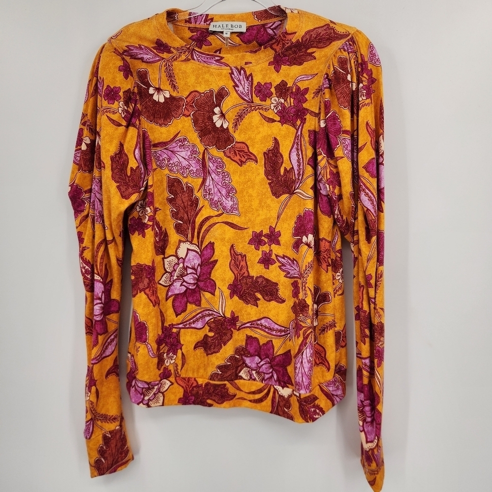Hale Bob Puff Sleeve Long Sleeve Floral Print Top Womens Size Medium Gold Pink